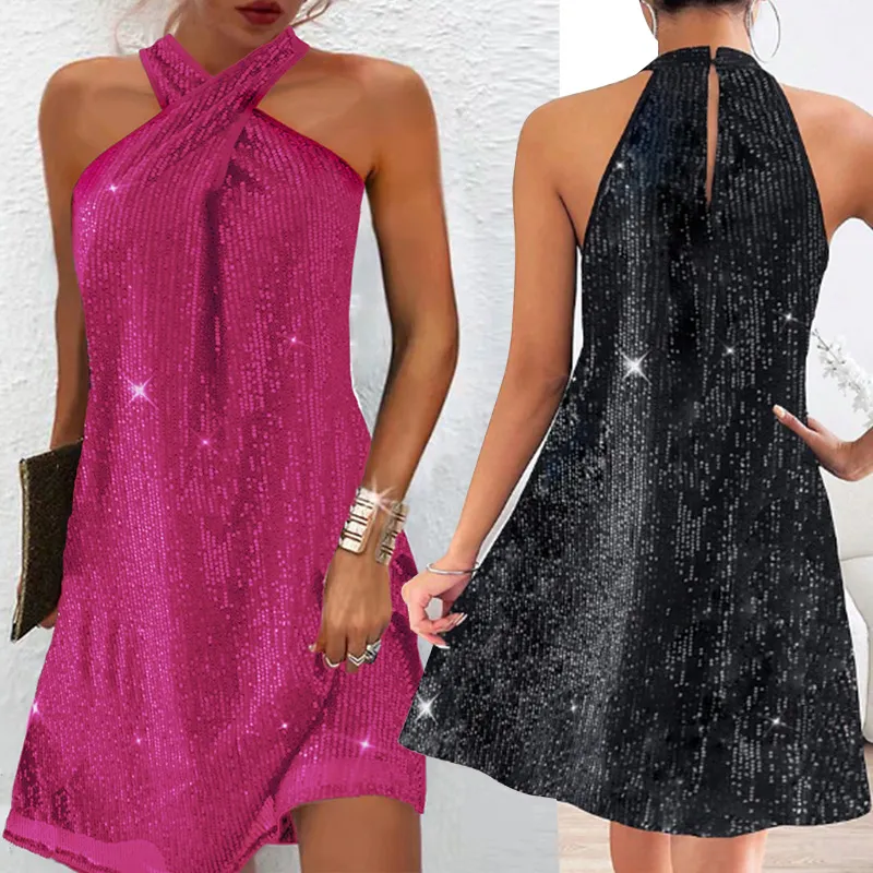 Robe à cocktail à paillettes à épaule à épaules à épaules élégantes et accrocheuse et accrocheuse en tissu en polyester et en spandex avec une taille lâche et une jupe en ligne