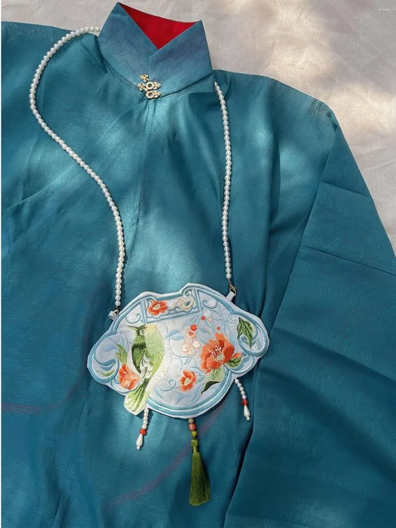 Torba oryginalna haft hanfu niebieski ptak crossbody lud ręcznie robany perłowy łańcuch renesans starożytne chińskie akcesoria kostiumowe