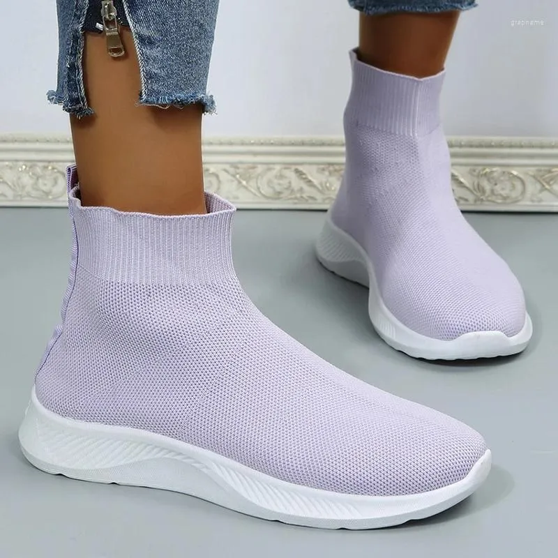 Casual Shoes Platform Breathable Knitted Sneakers Women 2024 Autumn Purple High Top Sock Woman Plus Size 43 Slip On Flats