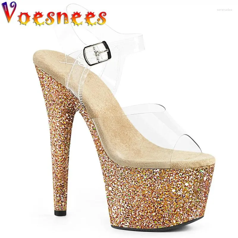 Sapatos de vestido saltos altos bem com bombas de partido elegantes mulheres 2024 plataformas brilhantes sandálias de moda feminina sexy transparente cristal