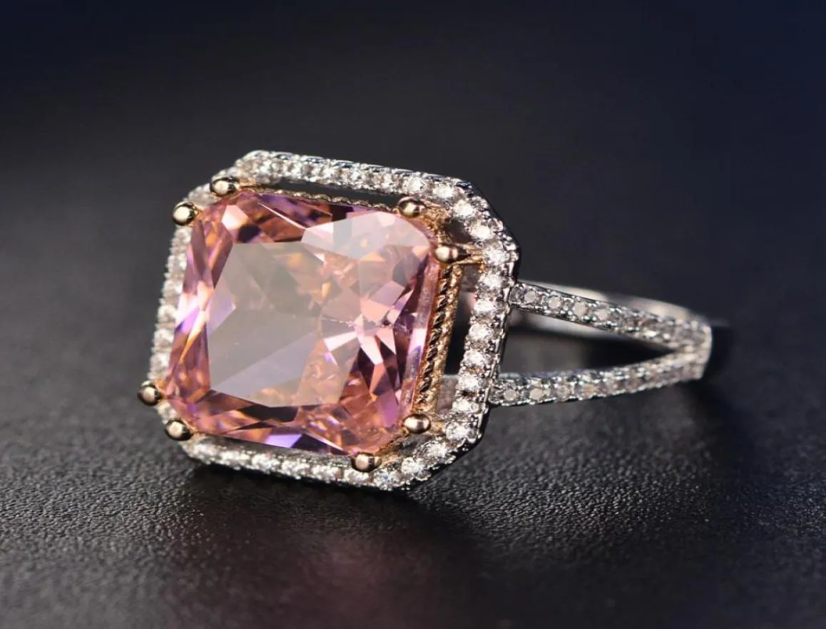 S925 Anneaux pour les femmes Sterling Silver Pink Big Square Topaz Diamant Fine Bijoux Banne de fiançailles de mariage Brijoux Y18108996385