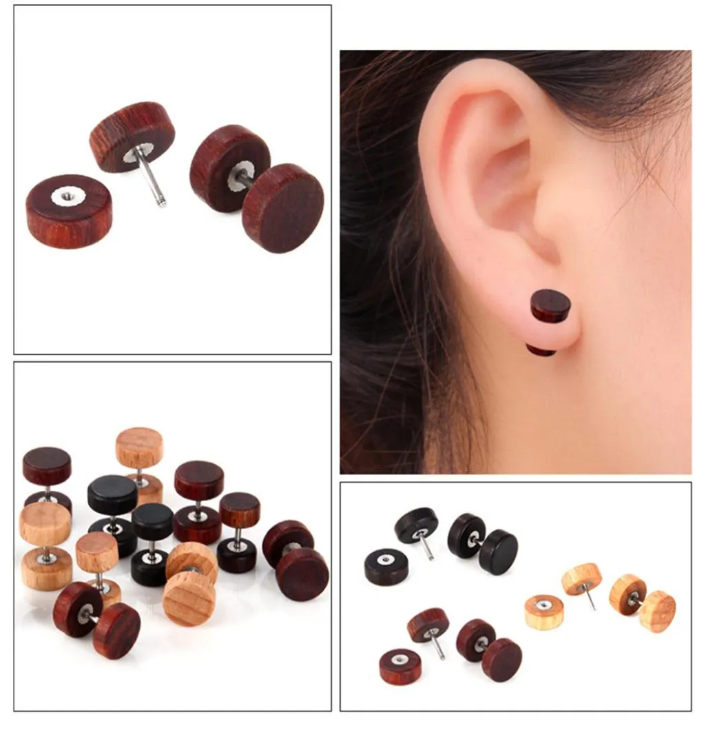 1 PC Fashion Natural Wooden Ear Studs inkomsten voor vrouwen Men Wood Round Dumbbell Piercing Punk Earrings Stud2097027