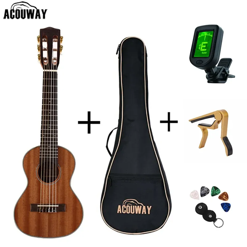 PEGS ACOUWAY 28 INCH GITAR GUITALELE GITARLELE HAWAII ukelele sapele body 6 strings 18 frets klassieke knop met optionele tas, tuner