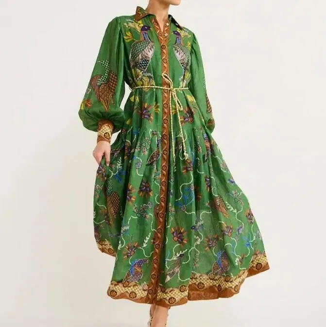 여자 드레스 봄과 가을 새로운 패션 빈티지 랜턴 슬리브 레이스 업 프린트 긴 소매 스커트