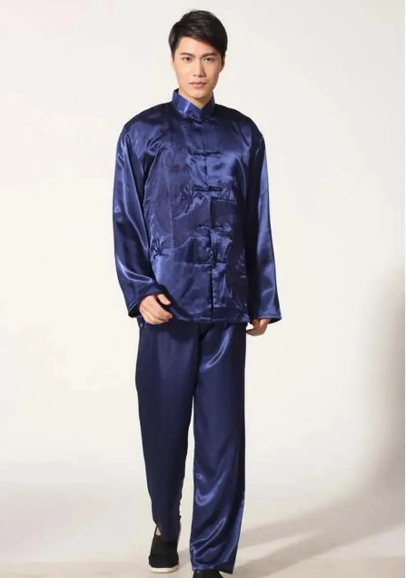 Chiński styl mężczyzn Silk kung fu garnit piżama męska satynowa haft smok tang garnitury spodni Zestawy rozmiar M-xxl 240407