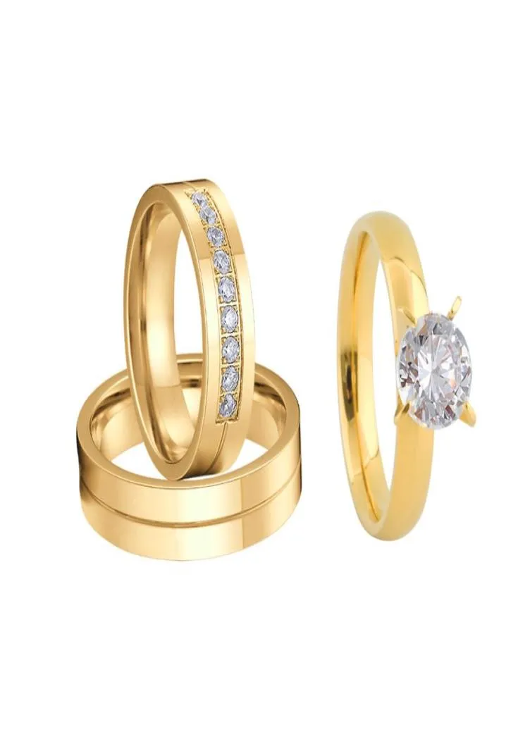 3sts Love Alliance 18K Gold Plated Solitire Bröllopsengagemangsringar Set för män och kvinnor Eternity Proposal Ring CZ Diamond5829846