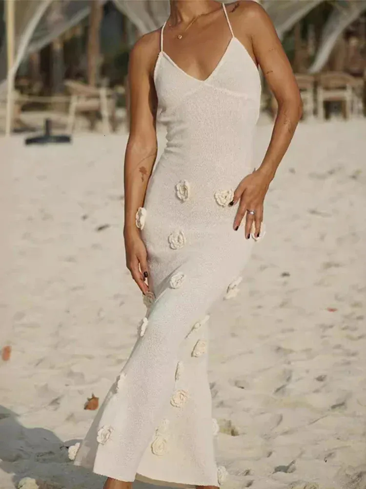 Summer Lady retrofete robe dress: 3D Flower Knitted Sling Maxi Dress with Deep V-Neck, Spaghetti Straps, and Backless Design - Perfect for Beach and