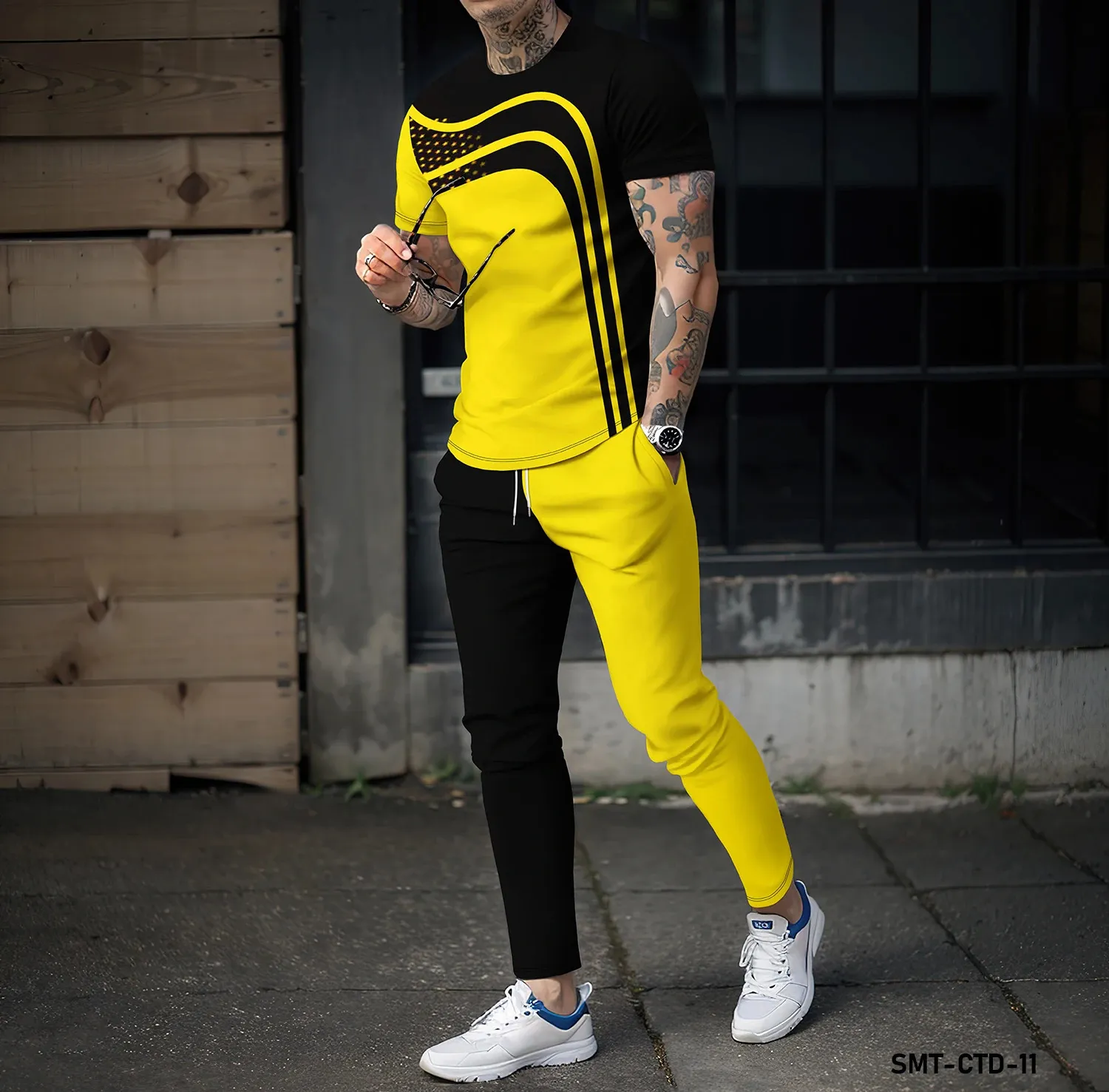 Summer Jogging Set Short Sleeved Tshirt Long Pants Mens Two Piece Sportswear 3D Line Splicing Trendy Clothing 240401