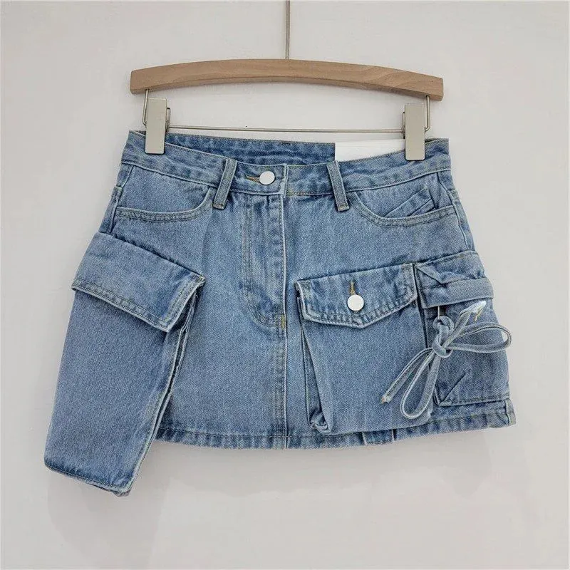 Onregelmatige zak vracht Denim Rok Dames Kleding Zomermode Sexy A-Line Hip Skirts Female Bottoms Club Streetwear 240412