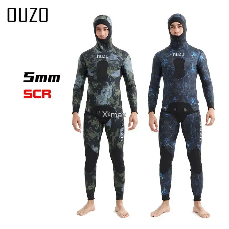 Wetsuit 5mm Kamuflaj Uzun Kollu Fisyon Kapşonlu 2 adet neopren dalgıç erkekler sıcak tüplü dalış kıyafeti tutun 240407