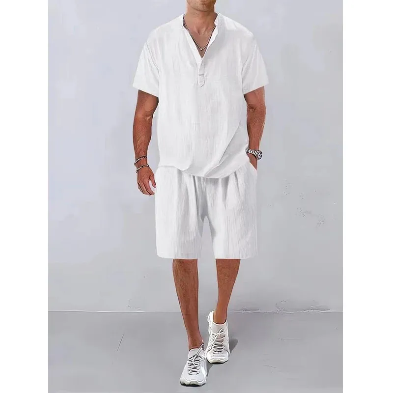 Fashion Men Sets Mens Solid Color Summer Stand Collar Linen Outfits Short Sleeve Polo ShirtShorts Two Pieces Casual Suit 240401