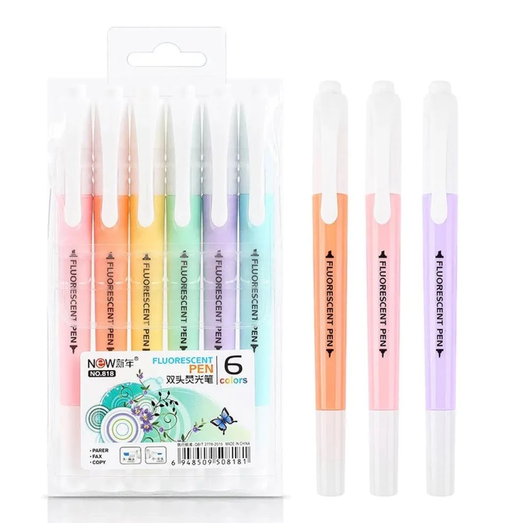 6 färger Erasable Highlighters Pastel Markers Dual Tip Fluorescent Pen for Art Drawing Doodling Marking School Office Stationery6025521