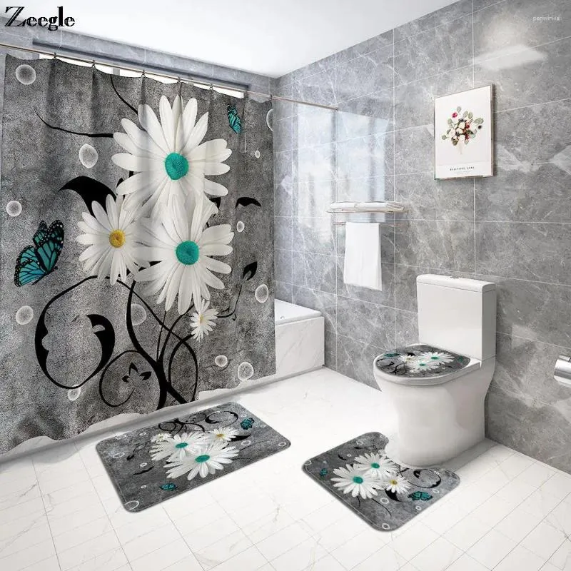 Badmatten weiße Gänseblümchen Polyester Matte Set Badezimmer Teppich wasserdichte Vorhang Duschtoilette und Rutschboden