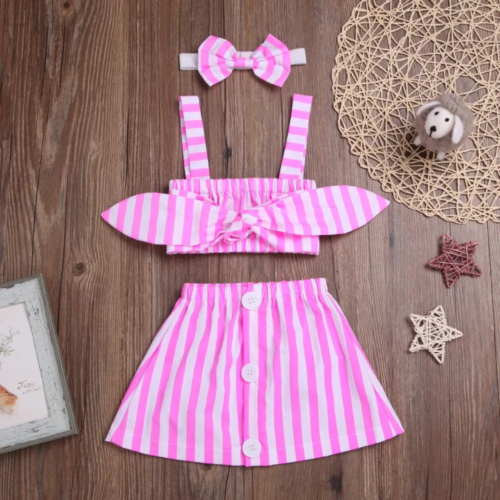 Shorts Children Kids Summer Clothing Set striped chiffon sleeveless Backless Tshirt Shorts 3 Threepiece Suit Girls Clothes Sets