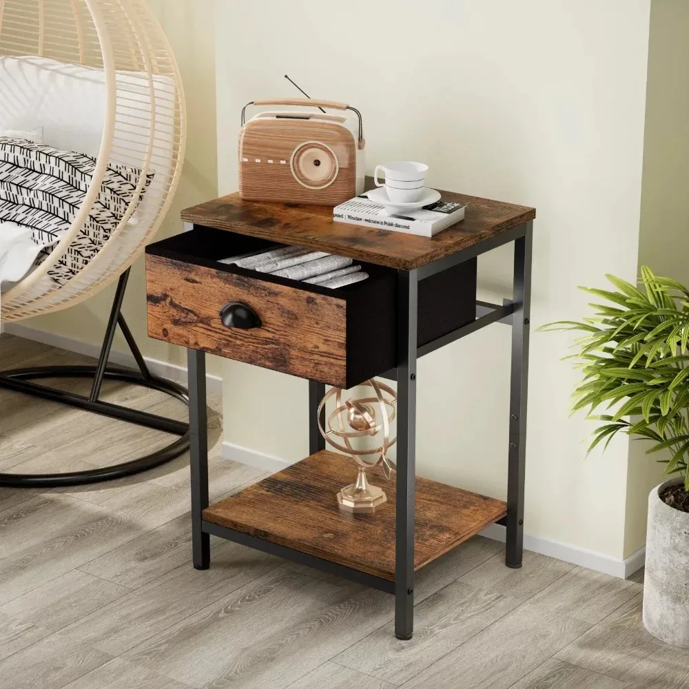 Set Of 2 Brown End Tables With Nightstand Storage Shelf And Drawer - Segawe, 21.5x15.7x11.8 Inches