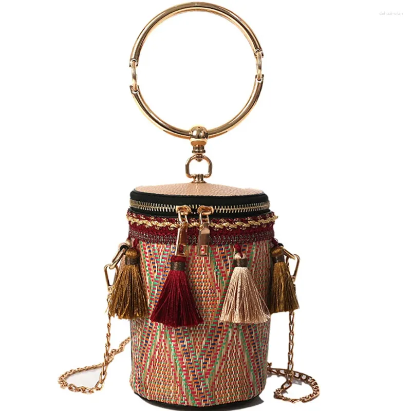 Torby na ramię w stylu etnicznym torebki koła dla kobiet żeńska słoma cylinder crossbody torba damskie wiadro 2024 Wysoka jakość