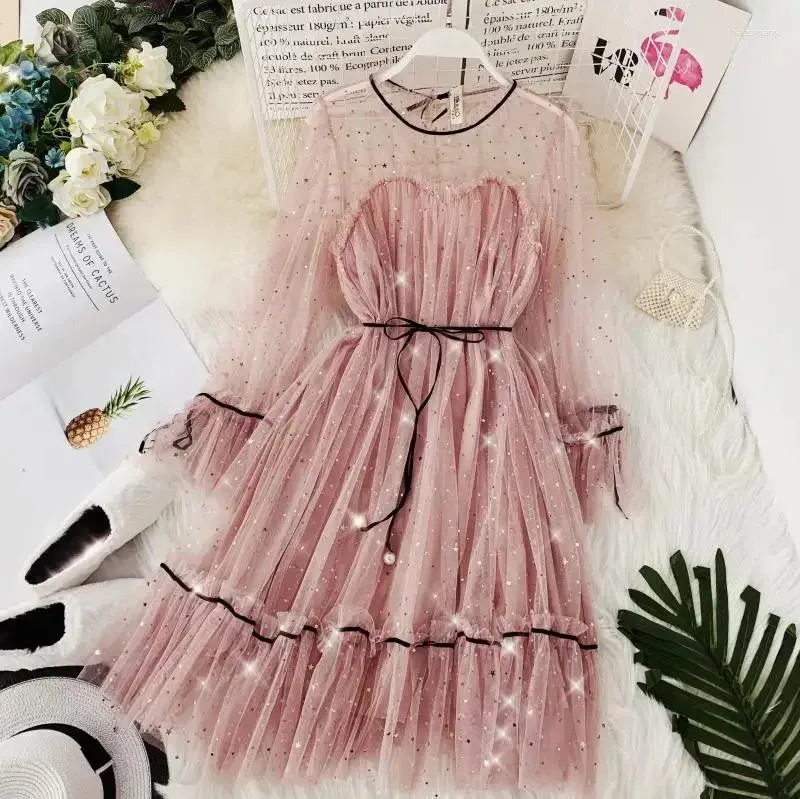 Casual Dresses Women Prom Star Shiny Sequins Gauze Flare Sleeve Lace-up Princess Dress Female Elegant Chrismas Mesh Puff