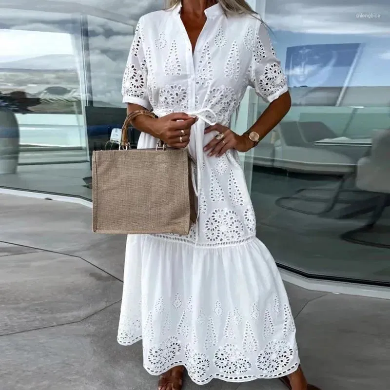 Casual Dresses 2024 Summer Lace Brodery Stitch Pleated Womem Stand Collar Button-Up Party Dress Hollow Formal Female Vestidos