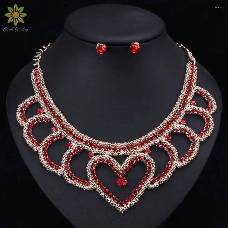 Necklace Earrings Set African Beads Earring Gold Color Metal Choker Red Crystal Heart Shaped For Women