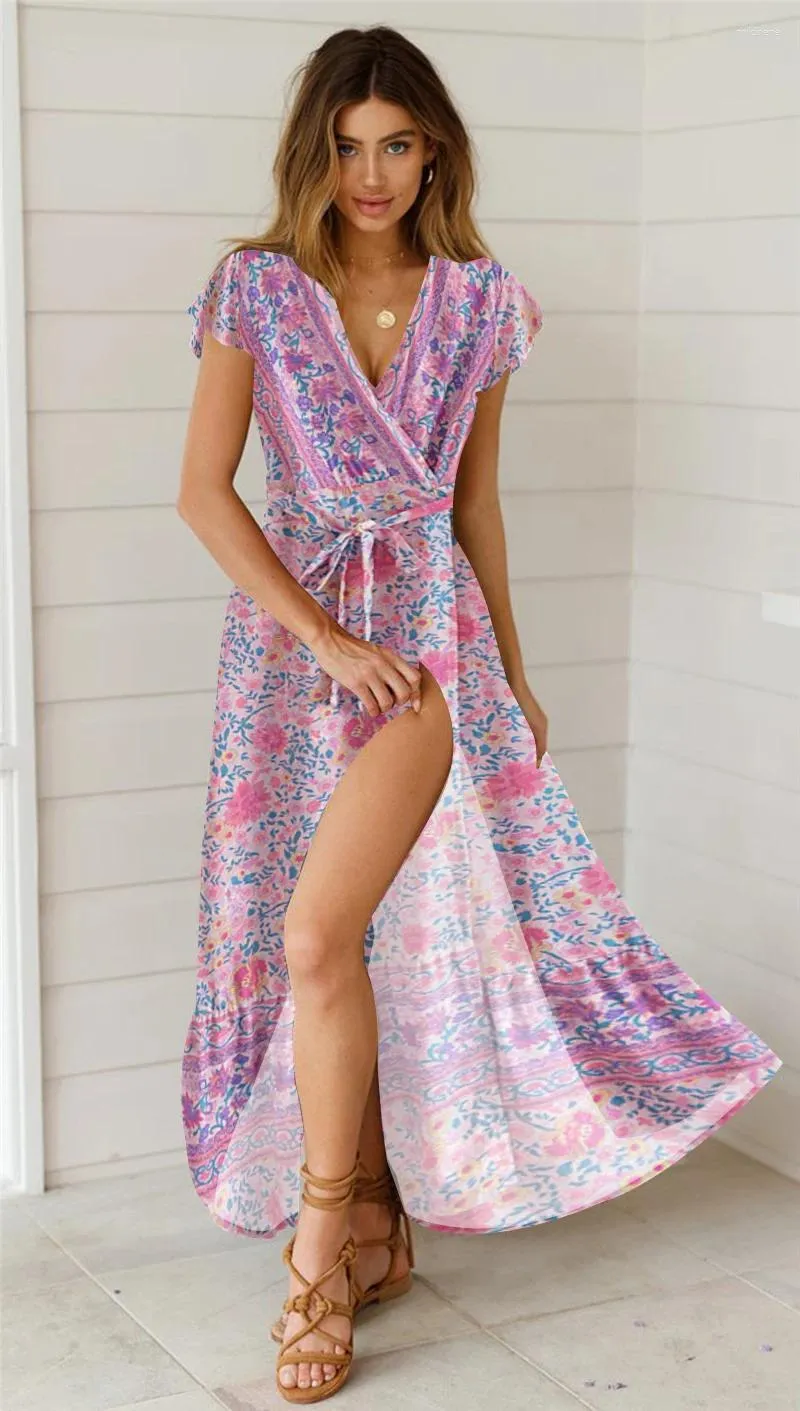 Partykleider Happie Queens Sommer Vintage Pink Floral Print Bohemian Wrap Kleid Frauen Fashion gegen Hals Fliege Flüchtlinge Maxi Beach Boho