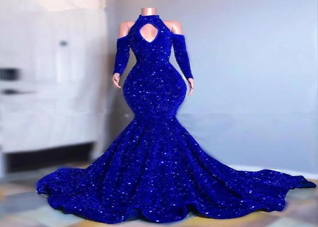 Royal Blue Sparkly paljetter Mermaid Prom klänningar långa ärmar aftonklänningar elegant utanför axel formell parti kvinnor kväll klänning2824724