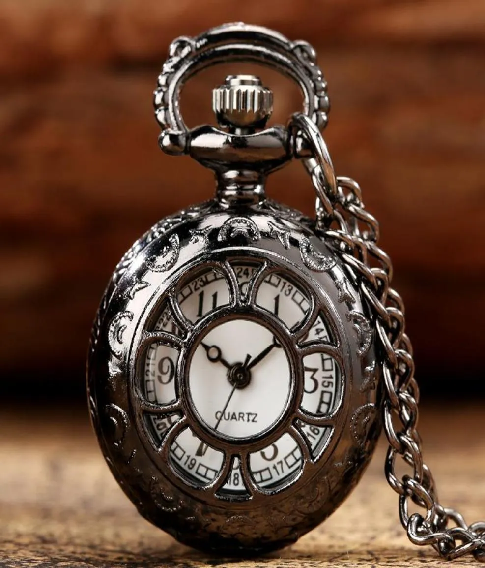 Pocket Watches Black Quartz Watch Mode Vine Frauen kleine Legierung Retro Hollow Out Blumen Anhänger Uhr Geschenk für 7818778