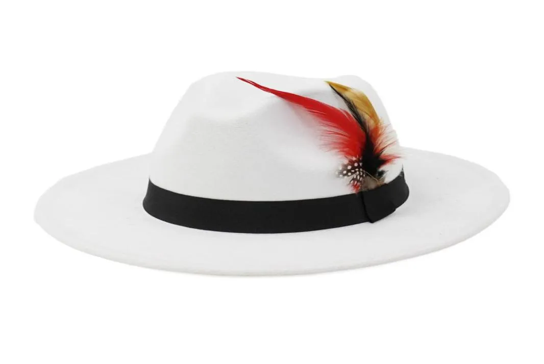 Konstgjorda ull fedora hattar kvinnor män kände vintage stil med fjäderband vit hatt platt grim topp jazz panama cap qbhat2025586