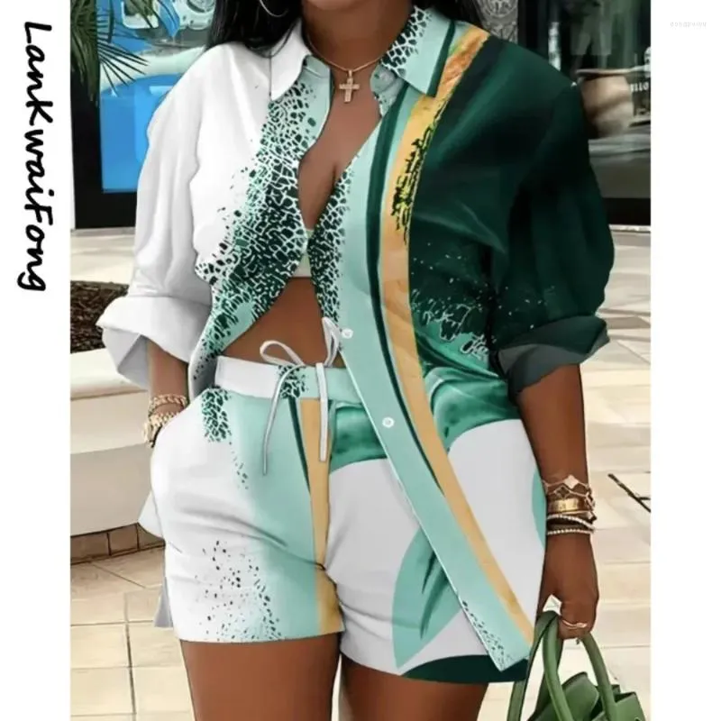 Women s Tracksuits Casual Button Shirt And Drawstring Short Sleeve Set For Women Fashion Printing Spring Summer 2024