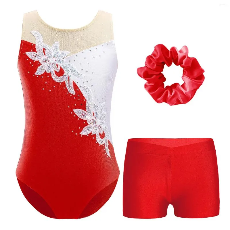 Stage Wear 4-16Y Girls Sleeveless Ballet Dance Leotard Figure Skating Gymnastics Yoga Acrobatics Bodysuit With Shorts Hair Band Dancewear