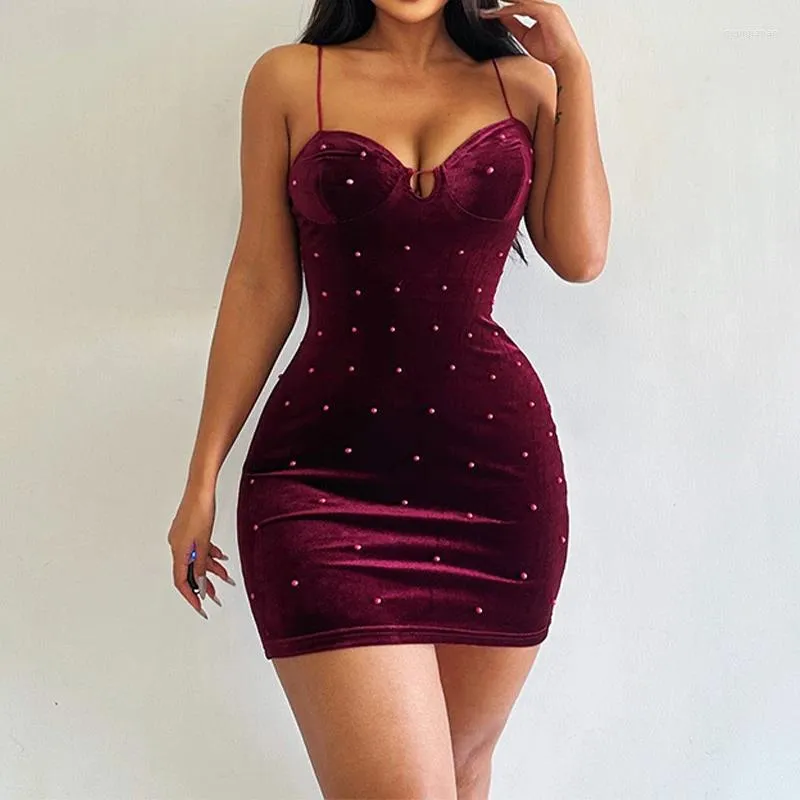 Casual Dresses OMSJ 2024 Wine Red Mid-Night Party Club Pearl Dress for Women Camisole Hollow Ruched Tight Cocktail Ladies Birthday Mini