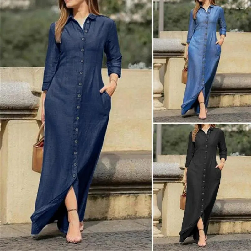 Casual Dresses Vintage Loose Shirt Dress Office Fashion Lapel Collar Button Party Maxi 2024 Women Long Sleeve Denim