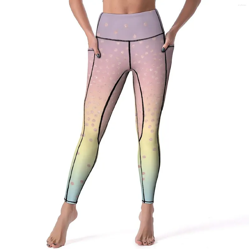 Active Pants Gold Glitter Ombre Print Leggings Pockets Elegant Rose Yoga Push Up Fitness Legging Novelty Stretch Sport