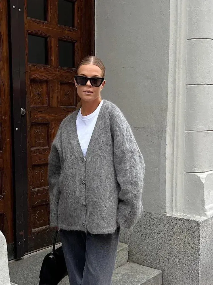 Grey Chunky Knit Cardigan with V-Neck