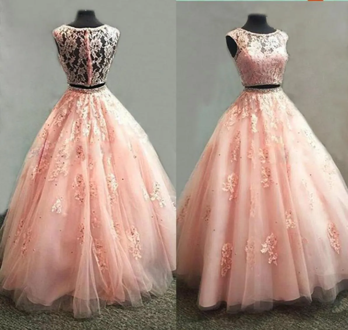 Coral de haute qualité deux pièces robes de bal en perle appliquée en dentelle en tulle