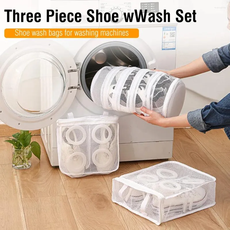 Laundry Bags 3pcs Mesh Washing Machine Shoes Bag Anti-deformation Zipper Travel Clothes Storage Airing Dry Tool