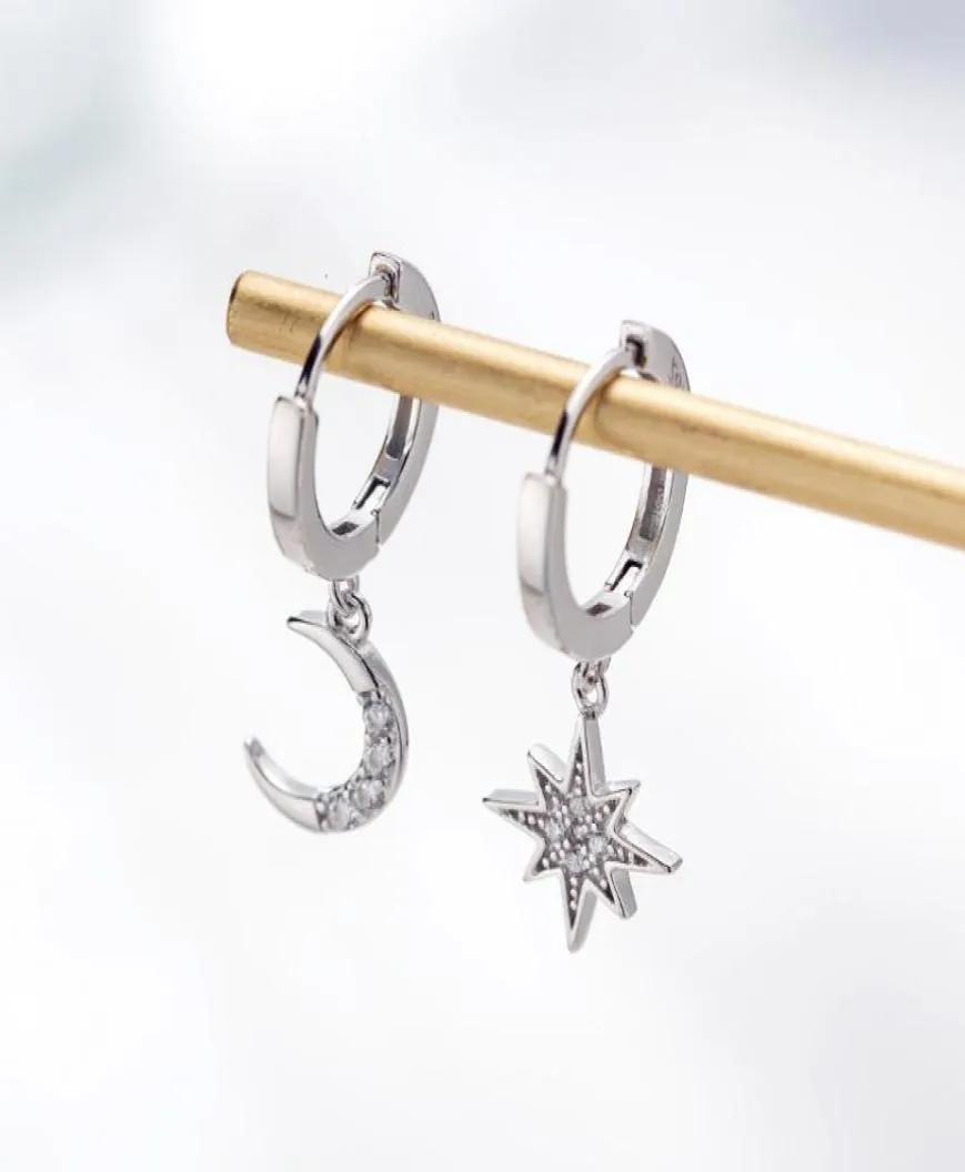 Star Moon Asymetryczne 925 Sterling Srebrny sześcienne kolczyki z cyrkonią dla kobiet moda CZ Circle Ear Pierścień Jewelaria 8435964