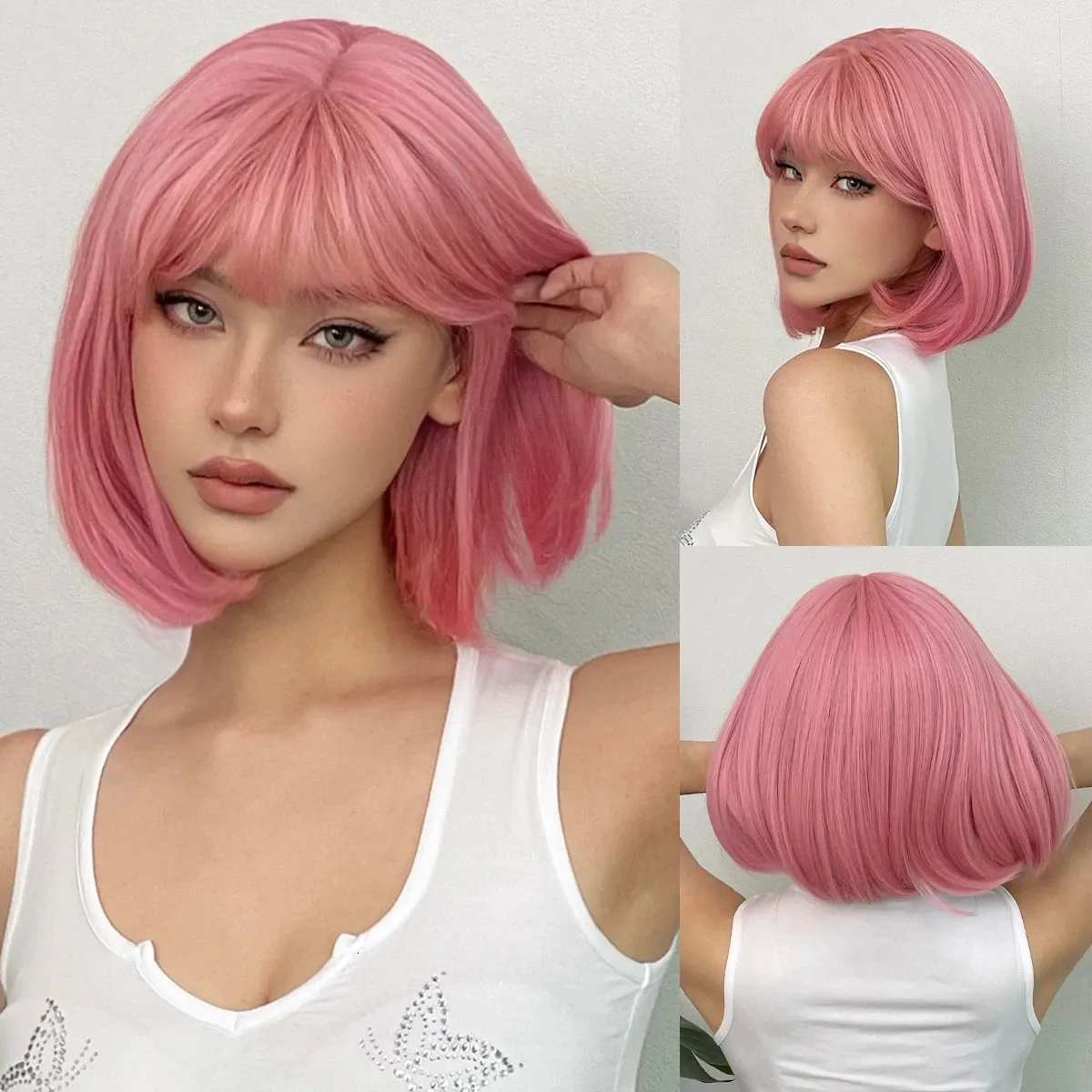 Pink Short Bob Straight Synthetic Wig avec une frange pour le cosplay Lolita Fake Cheveux pour les femmes blanches Perrette naturelle à haute température 240412