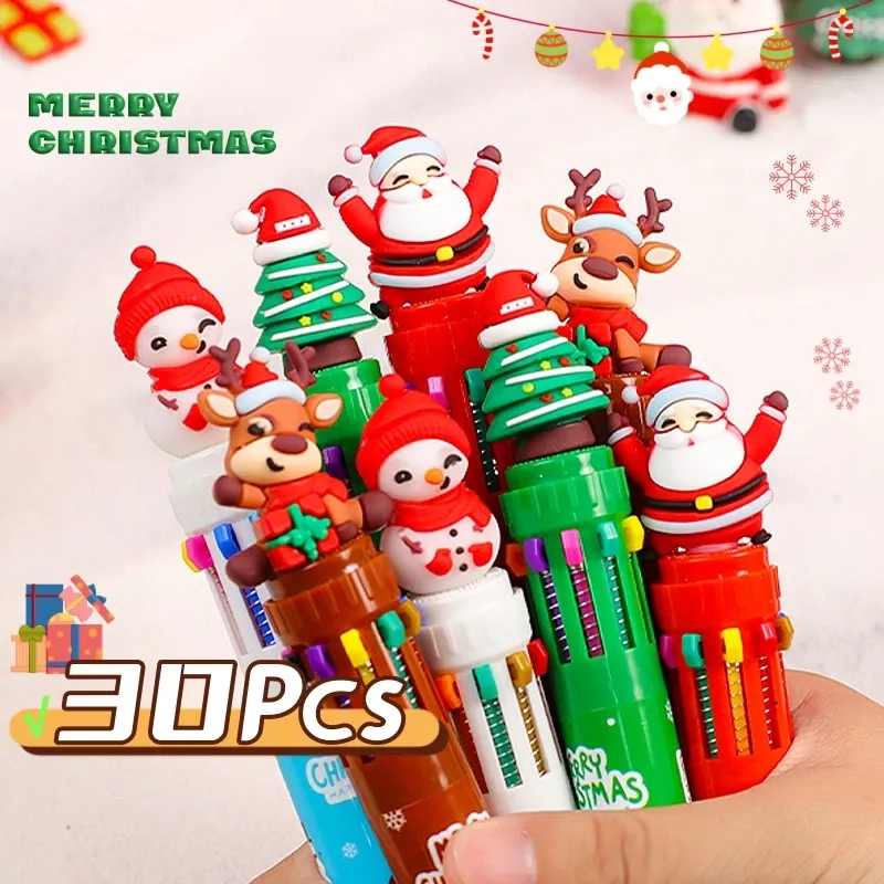 Stifte 30pcs/Los niedliche Cartoon Weihnachts Themen 10 Farben Kugel Ballpoint Pen Kawaii Santa Elk Schneemänner Tree Multicolor Pens School Stationerie