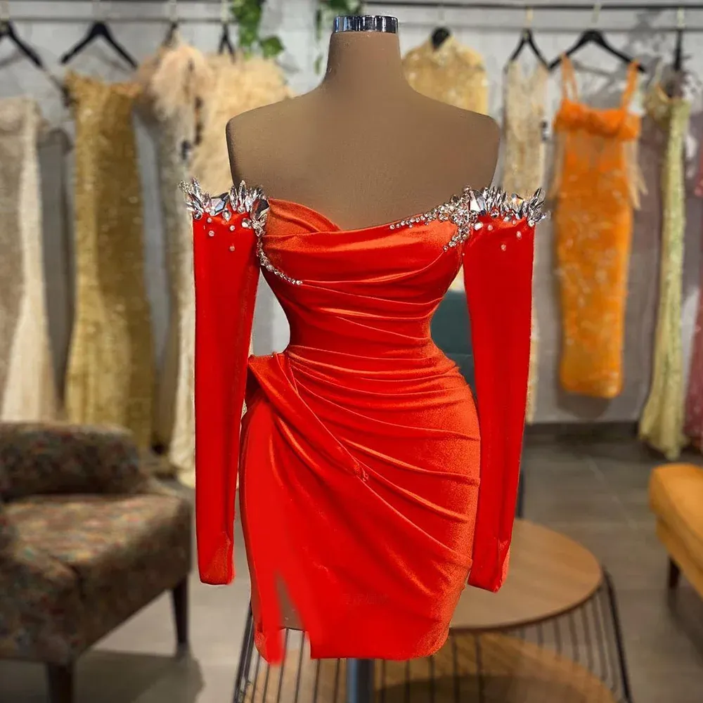 Orange Cocktail Dresses Luxury Bead Crystal Mini Party Dress For Women 2024 Off-The-Shoulder Sheath Prom Gowns robes de soiree 2 Styles