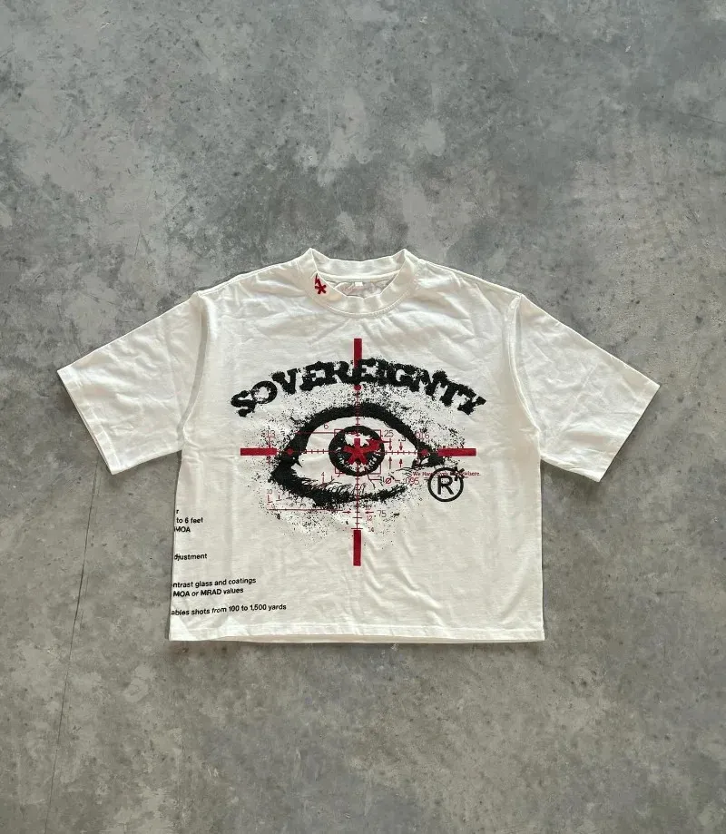 American Trendy Gothic Big Eyes Letter Print Oversized T-Shirt Mens Y2K Loose Harajuku Versatile Fashion Short Sleeve Top 240401