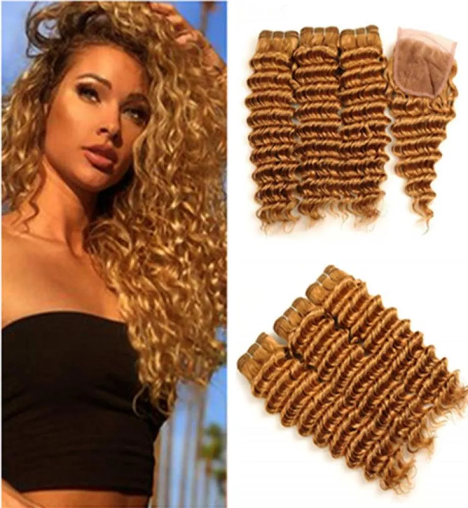 27 Honey Blonde Deep Wave Human Hair 3Bundles with Closure Strawberry Blonde Brazilian Deep Wavy Human Hair Weaves with 4x4 Lace 8633392