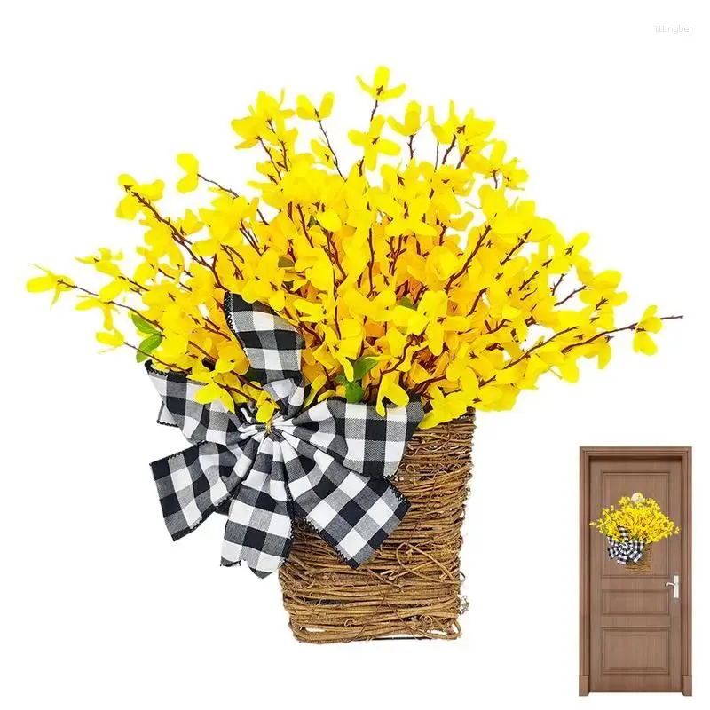 Decorative Flowers Spring Door Wreaths For Front Outside Colorful Wildflower Wreath Decor Basket With Plaid
