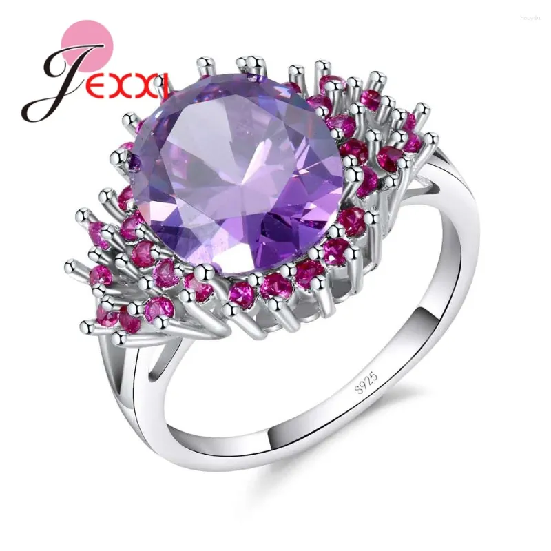 Cluster anneaux exagérés ovale violet cristal anneau élégant fleur de fleur incrustée zircon de mariage bijoux dames doigt
