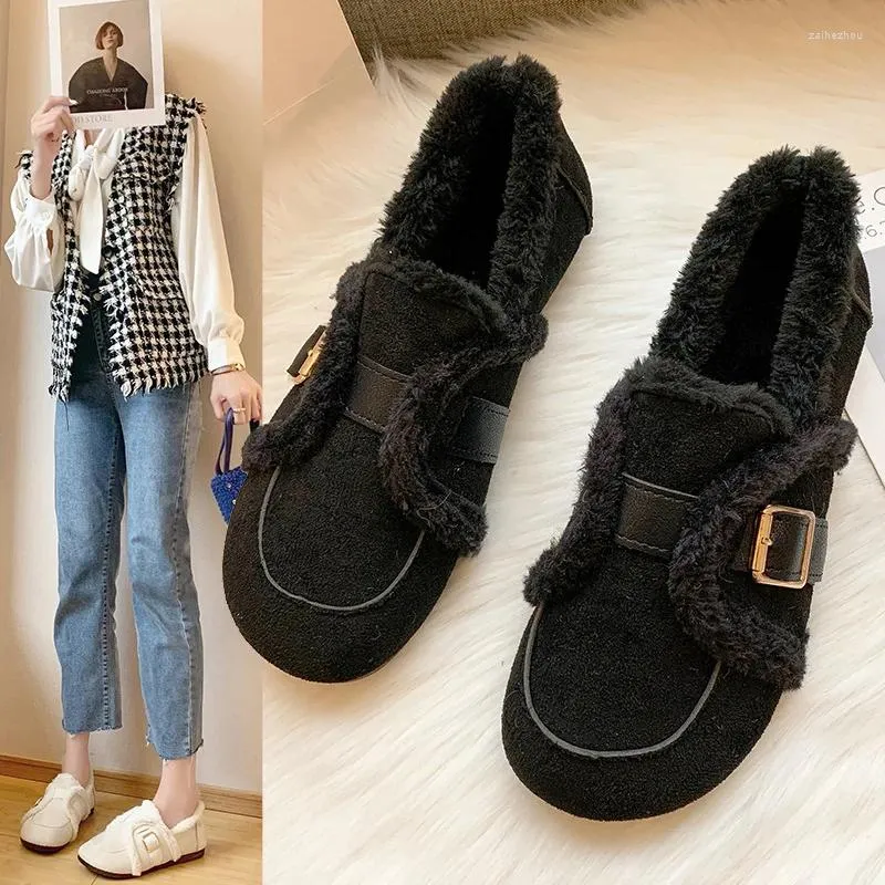 Zapatos casuales mujeres mocasines engrosar peluche plano hebilla de hebilla pelaje de piel deslizamiento sobre mocasines acogedoras evocadores de alambre