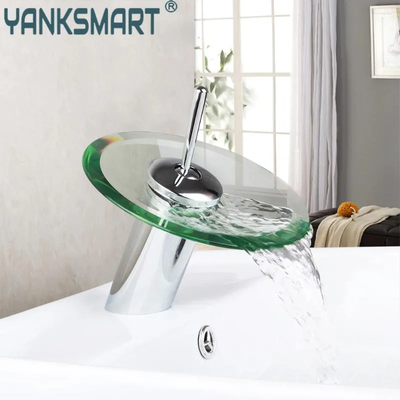 Rubinetti del lavandino da bagno yanksmart in vetro cascata beccuccio rubinetto cromo cromo a bacino lucido mazzo montato a manico montuoso tocco d'acqua