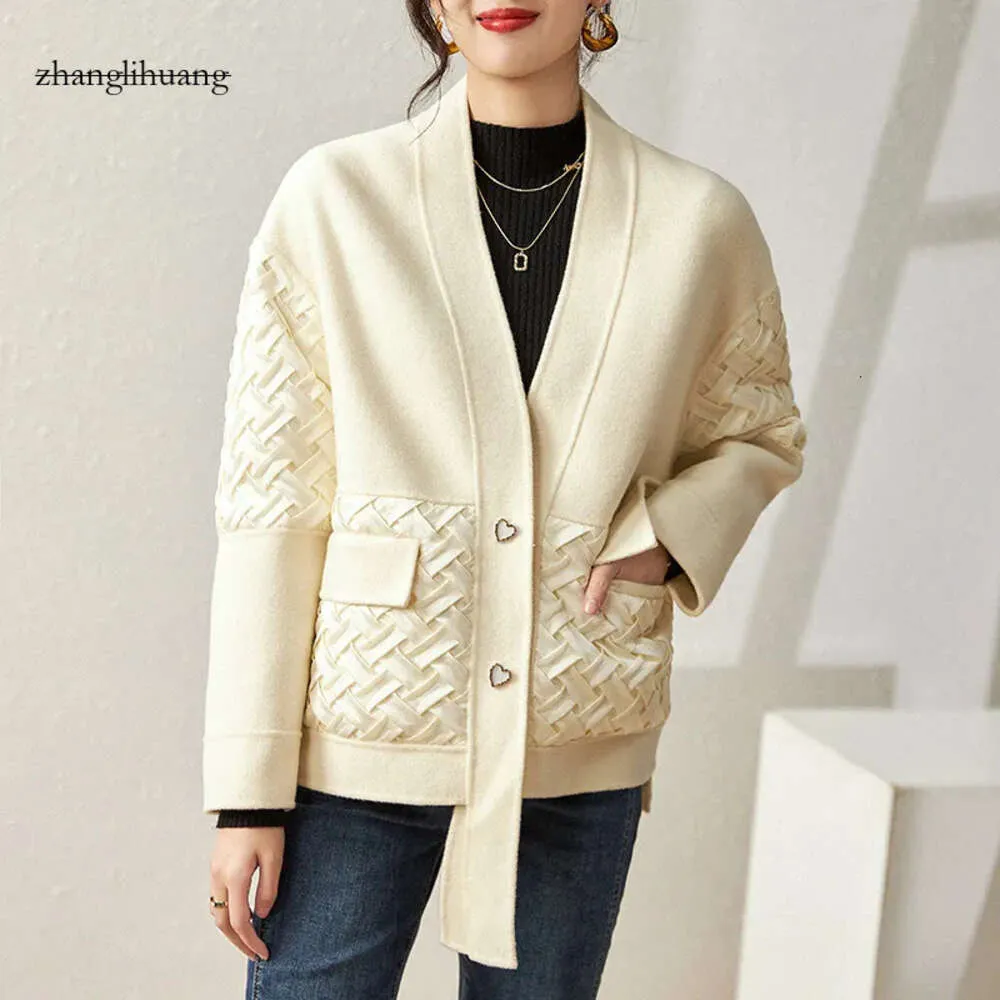 P00205 Jaqueta e casacos jaquetas casaco de lã de lã de dupla face com ganso Down Splicing Short Style