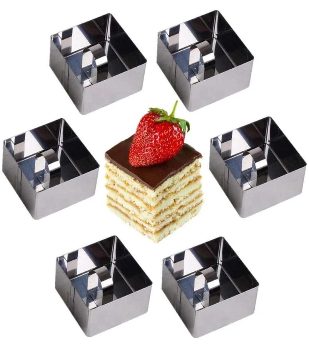 Square 6pcsset Pierścienie gotowania ze stali nierdzewnej Pierścienie deserowe Mini ciasto i formy do musu z Pusher15989589507705