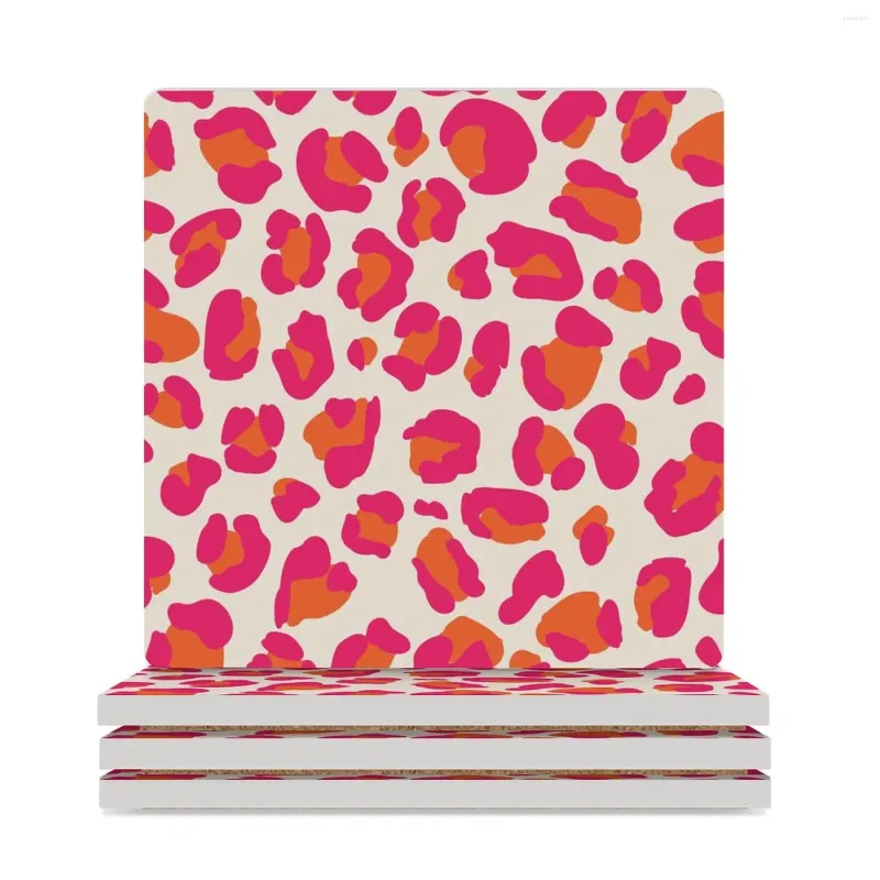 Table Mats Pink And Orange Leopard Print Ceramic Coasters (Square) Cute Kitchen Black Cup Pads For Drinks Aesthetic