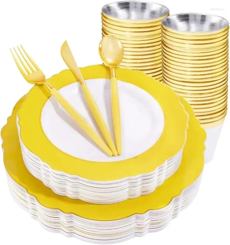 Disposable Dinnerware 150pieces Yellow Plastic Plates With Gold Rim & Silverware Handle-Baroque Sunshine