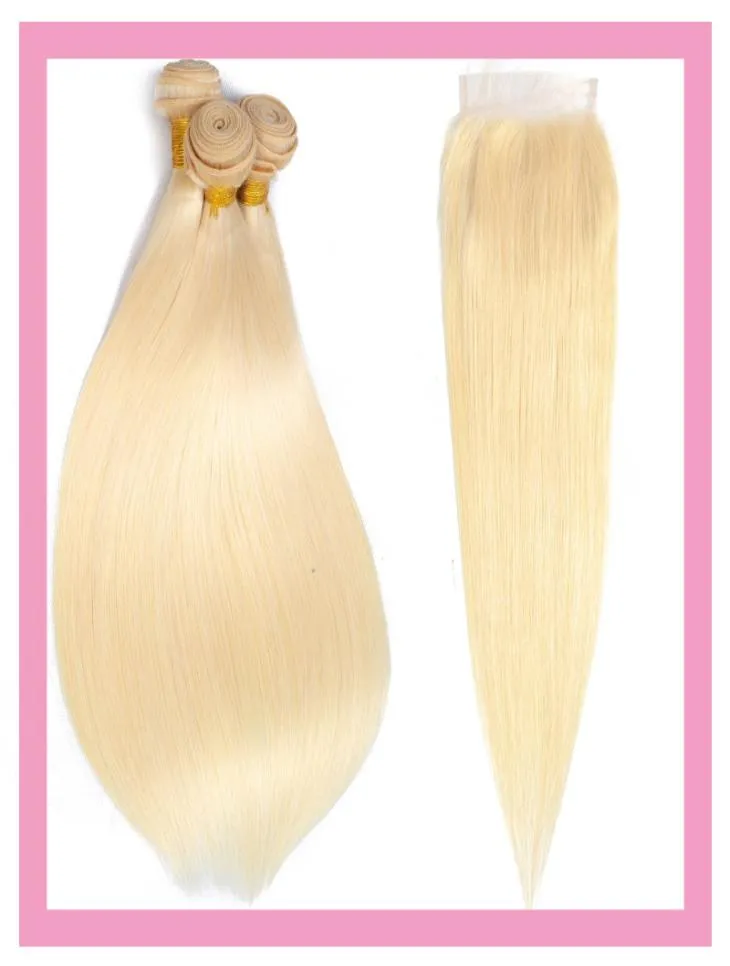 Capelli umani malesi Blonde 613 Colore Silky Straight 3bundles con chiusura di pizzo 4x4 con trame di capelli per bambini con quattro per quattro chiusura8852406